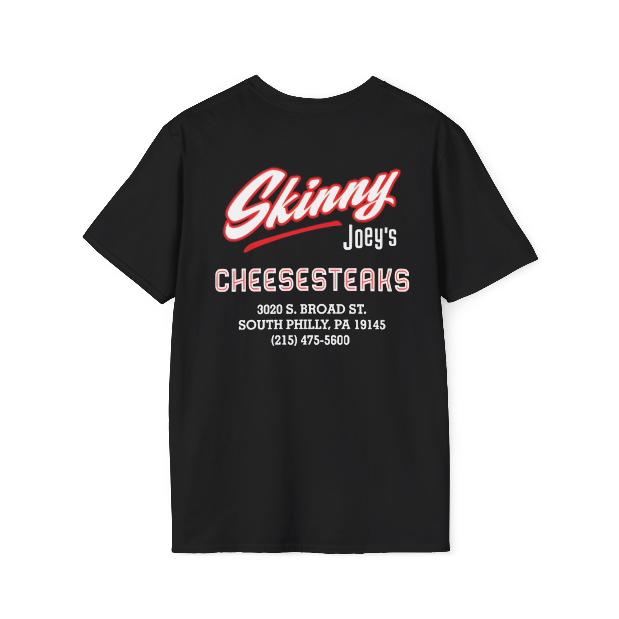 Black t-shirt with red and white text on a white background