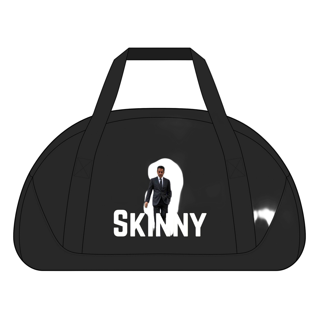 Black duffel bag with 'SKINNY' text and a small image of a person in a suit on a white background