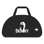 Black duffel bag with 'SKINNY' text and a small image of a person in a suit on a white background