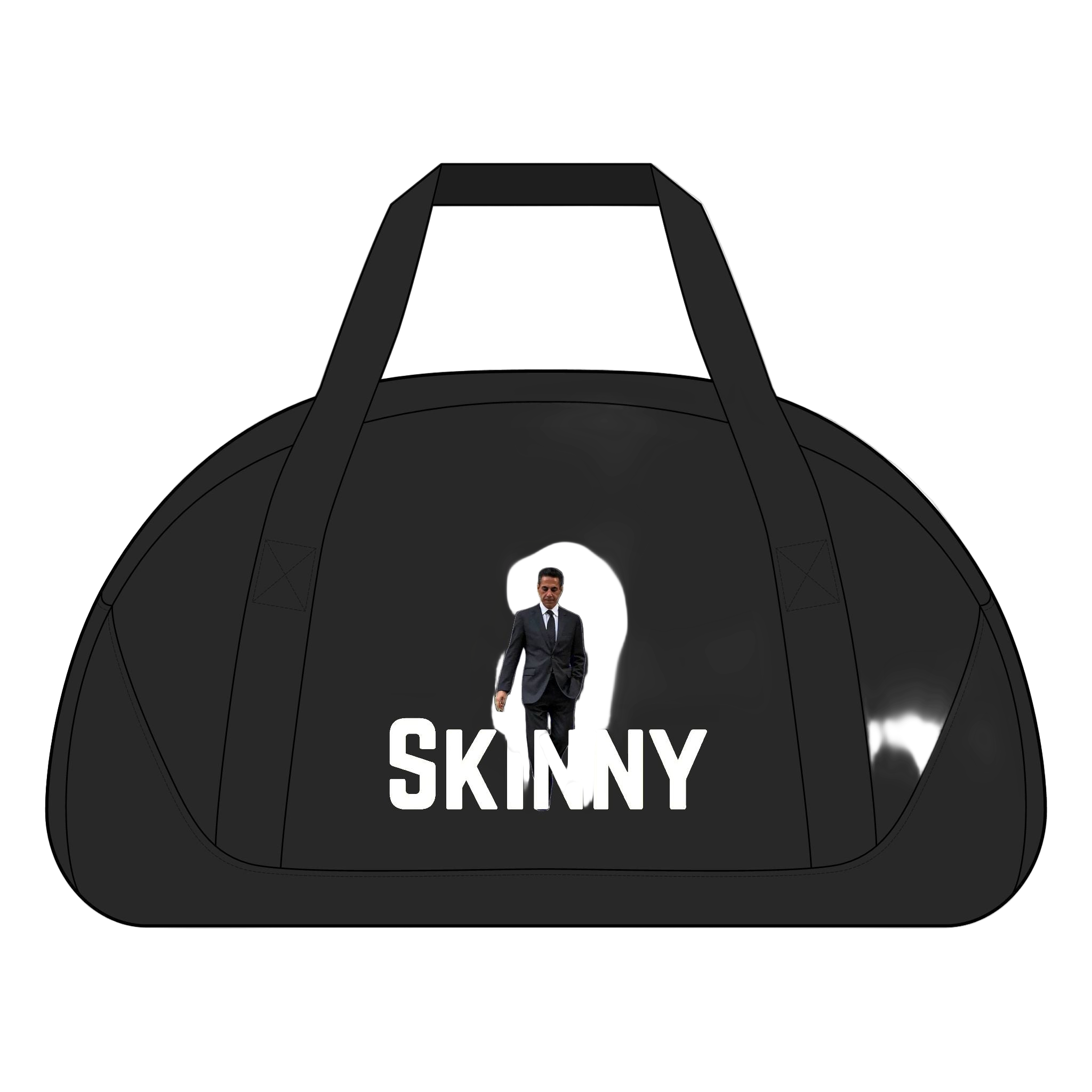 Black duffel bag with 'SKINNY' text and a small image of a person in a suit on a white background
