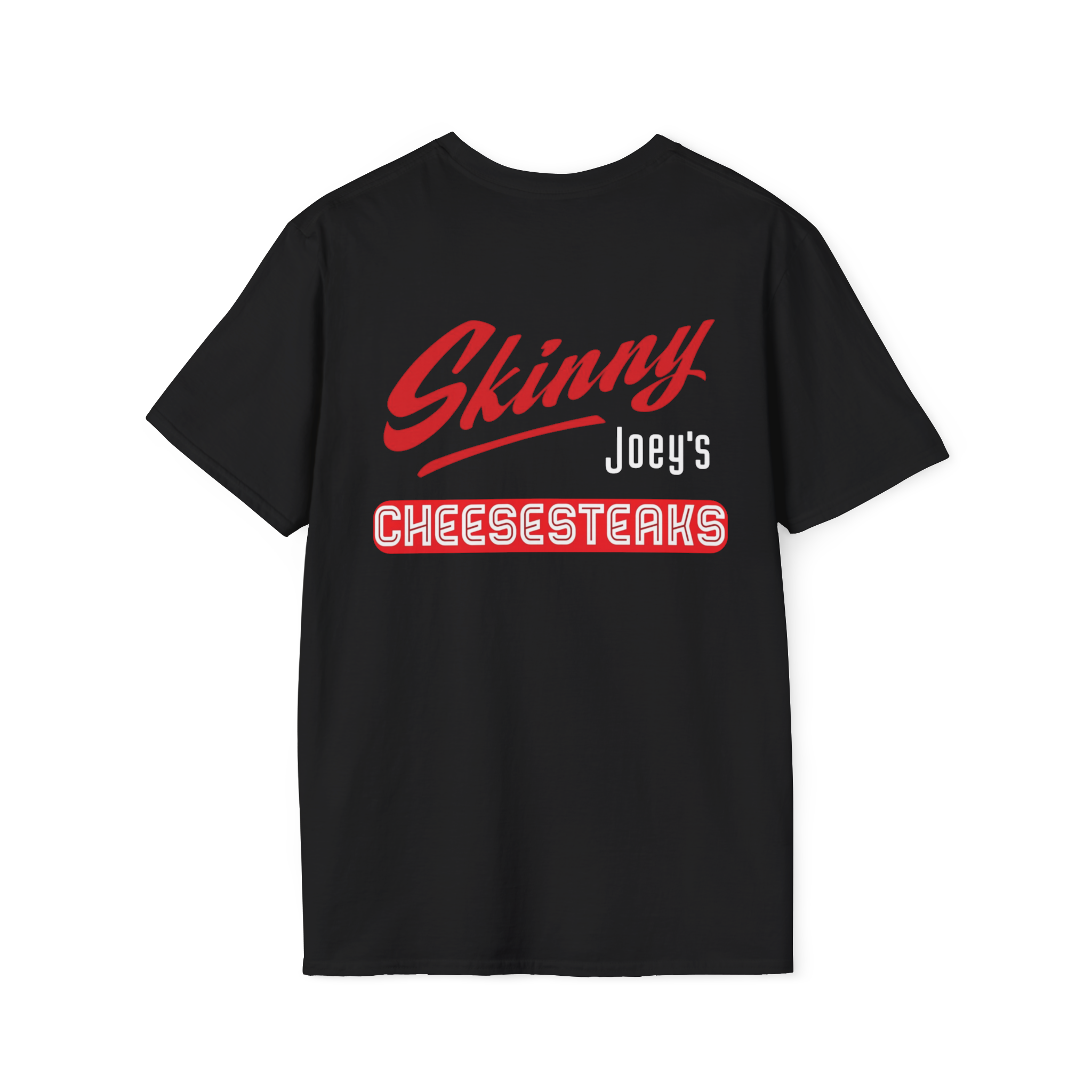 Black t-shirt with red and white text on a white background