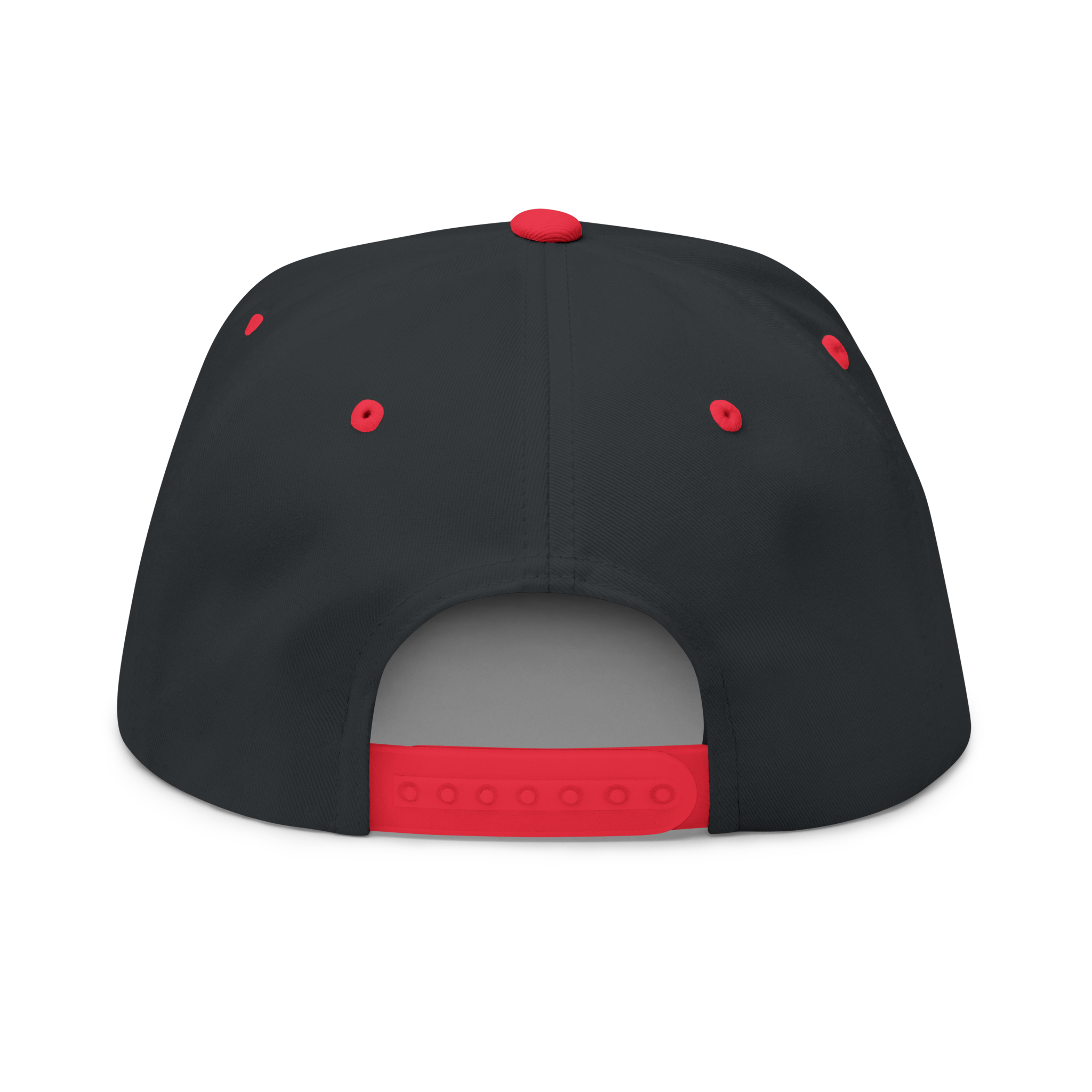 Black cap with red accents on a white background