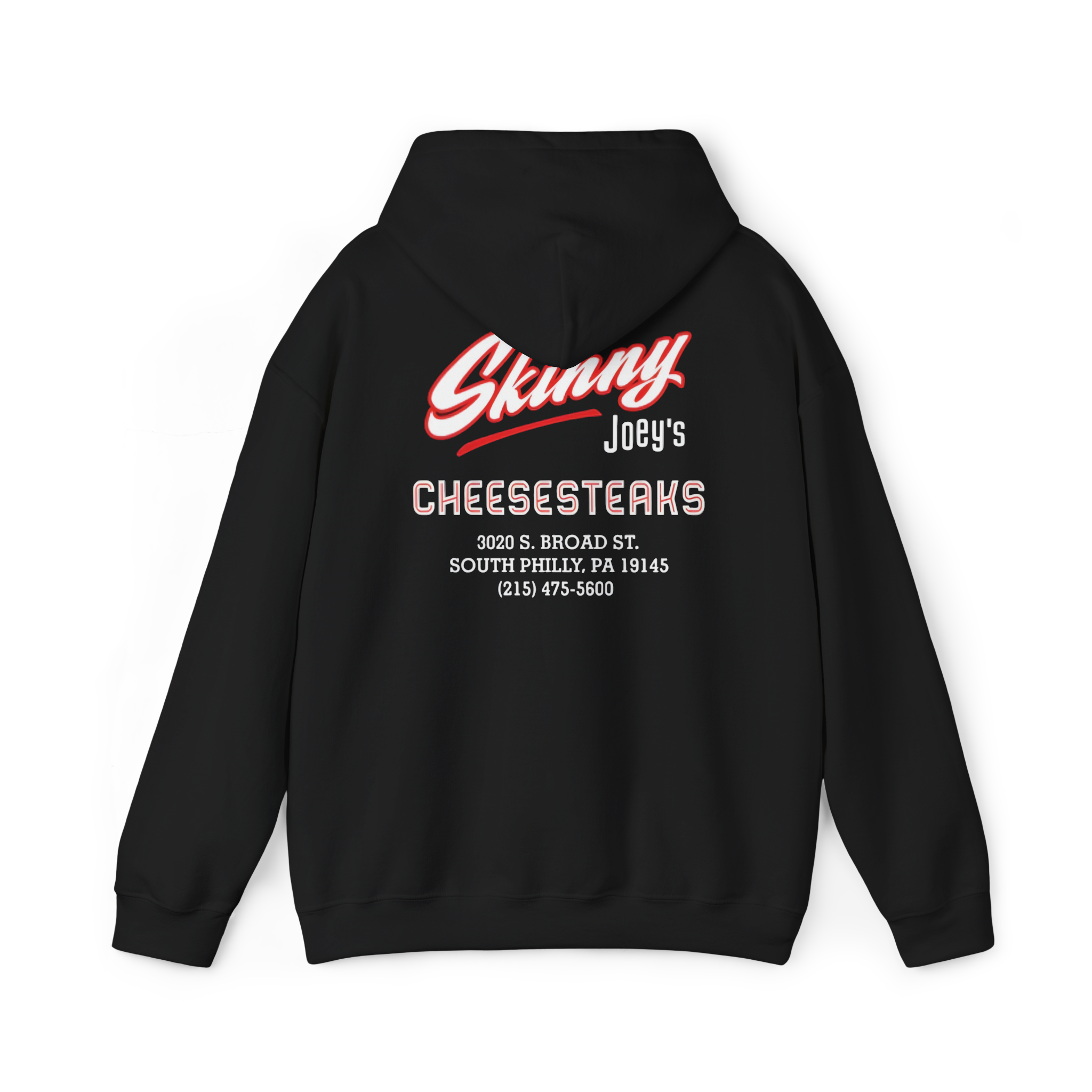 Black hoodie with 'Skinny Joey's Cheesesteaks' text on the back against a white background