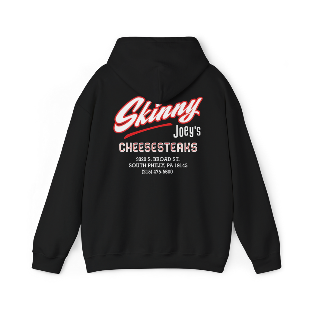 Black hoodie with 'Skinny Joey's Cheesesteaks' text on the back against a white background