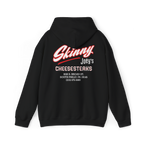 Black hoodie with 'Skinny Joey's Cheesesteaks' text on the back against a white background