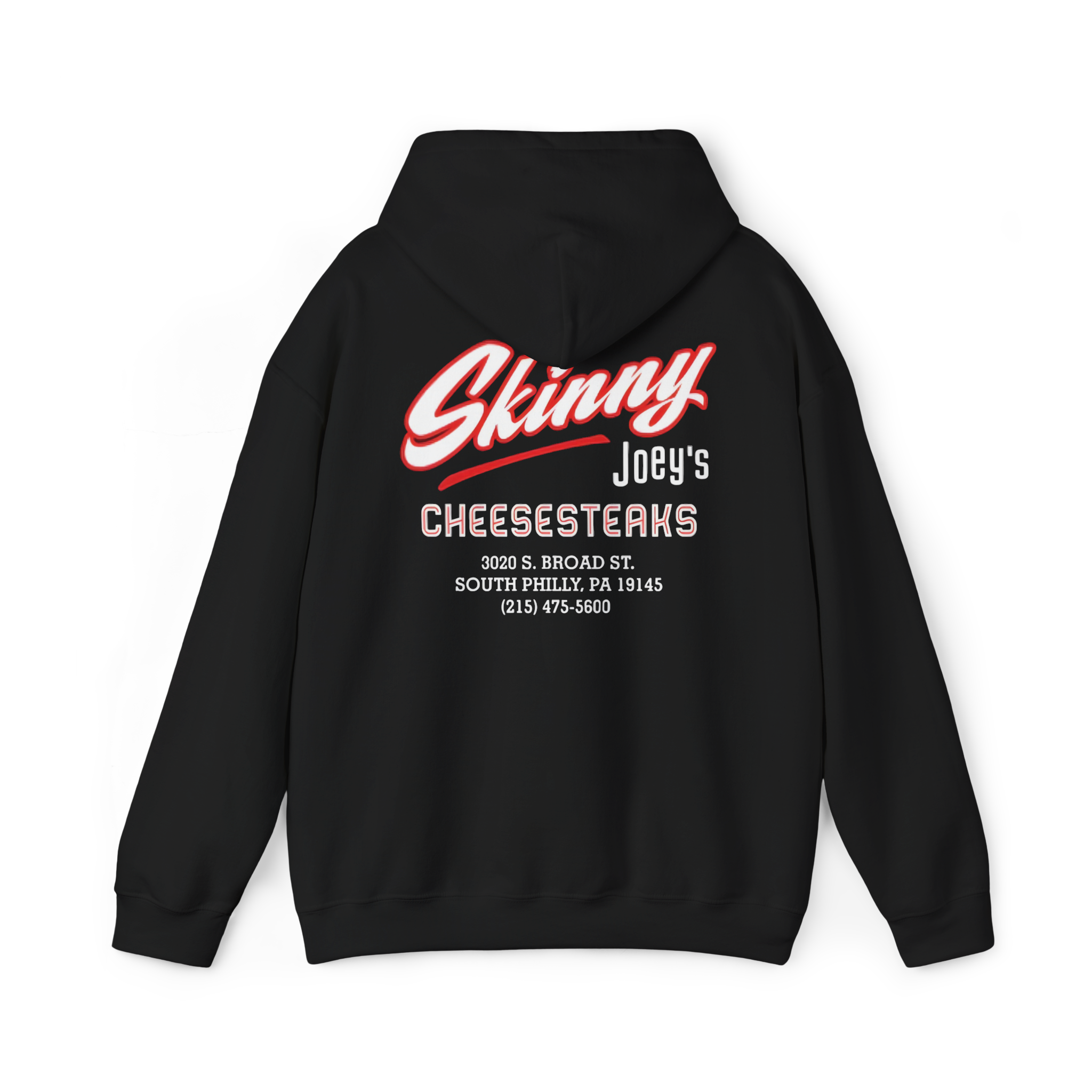 Black hoodie with 'Skinny Joey's Cheesesteaks' text on the back against a white background