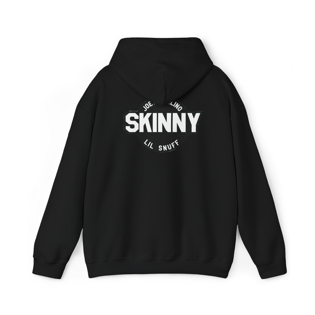 Black hoodie with 'SKINNY' text on the back against a white background