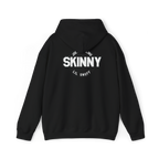 Black hoodie with 'SKINNY' text on the back against a white background