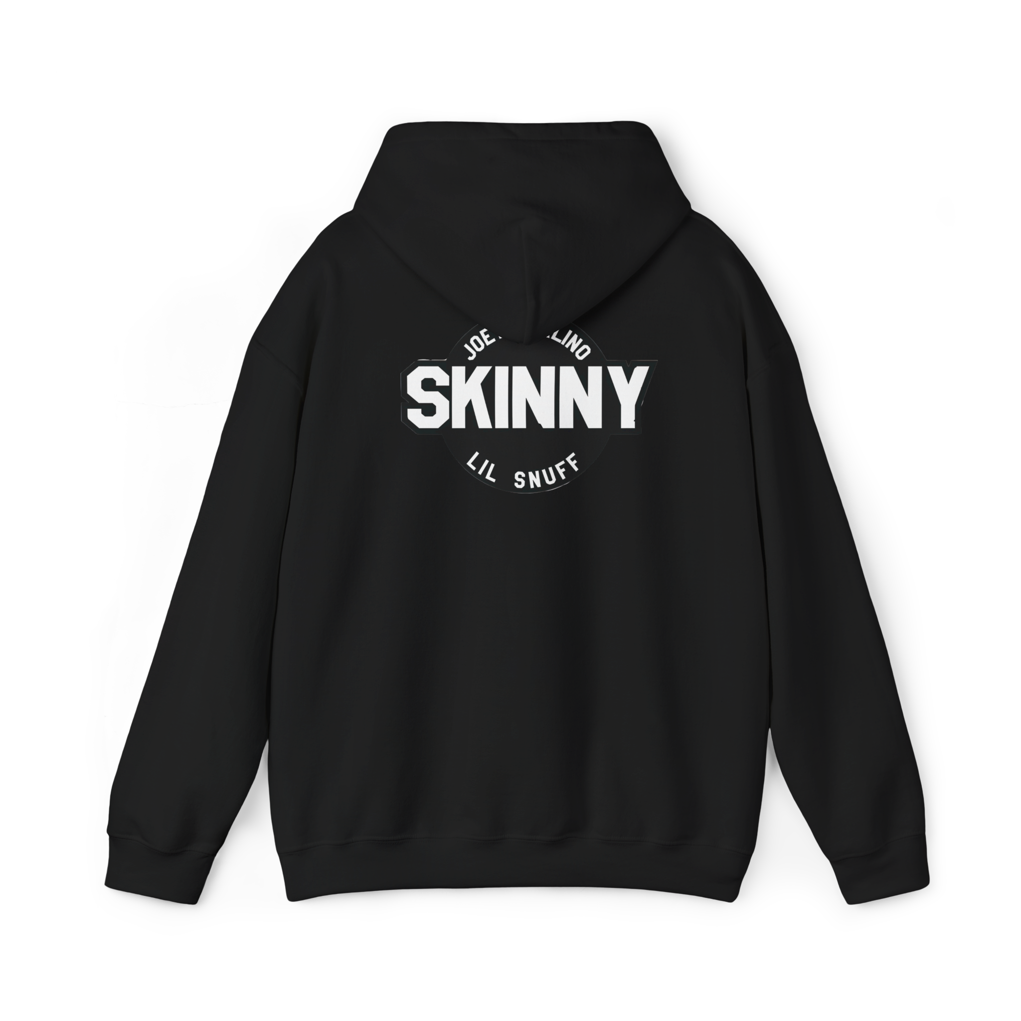 Black hoodie with 'SKINNY' text on the back against a white background