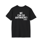 Black t-shirt with white text on a white background