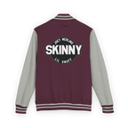 Maroon and gray varsity jacket with 'Skinny' and 'Joey Merlino Lil Snuff' text on a white background