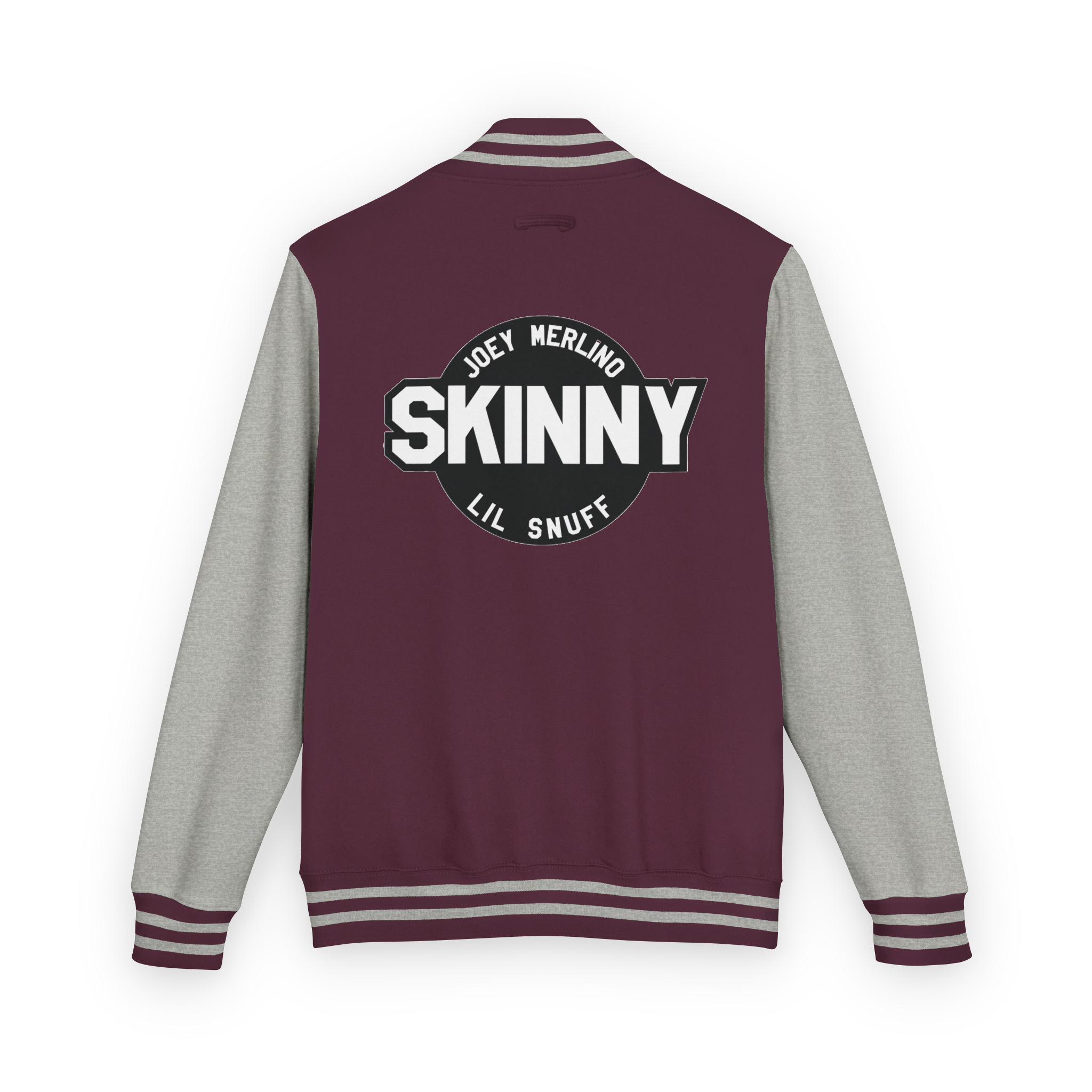 Maroon and gray varsity jacket with 'Skinny' and 'Joey Merlino Lil Snuff' text on a white background