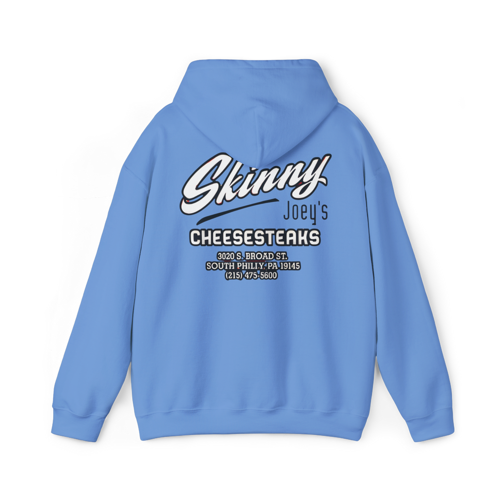 Blue hoodie with 'SKINNY 1' text on the back against a white background