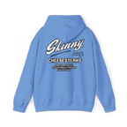 Blue hoodie with 'SKINNY 1' text on the back against a white background