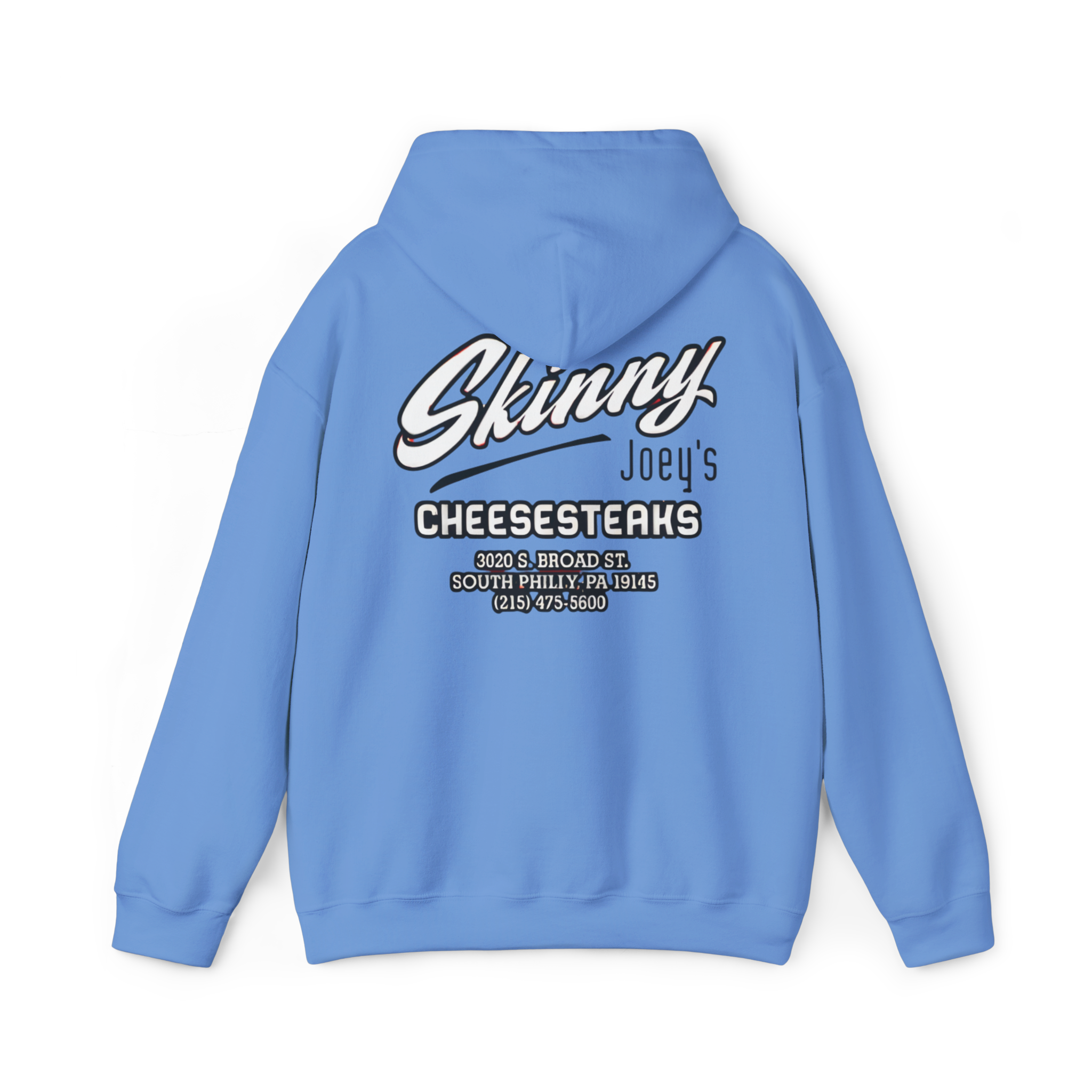 Blue hoodie with 'SKINNY 1' text on the back against a white background