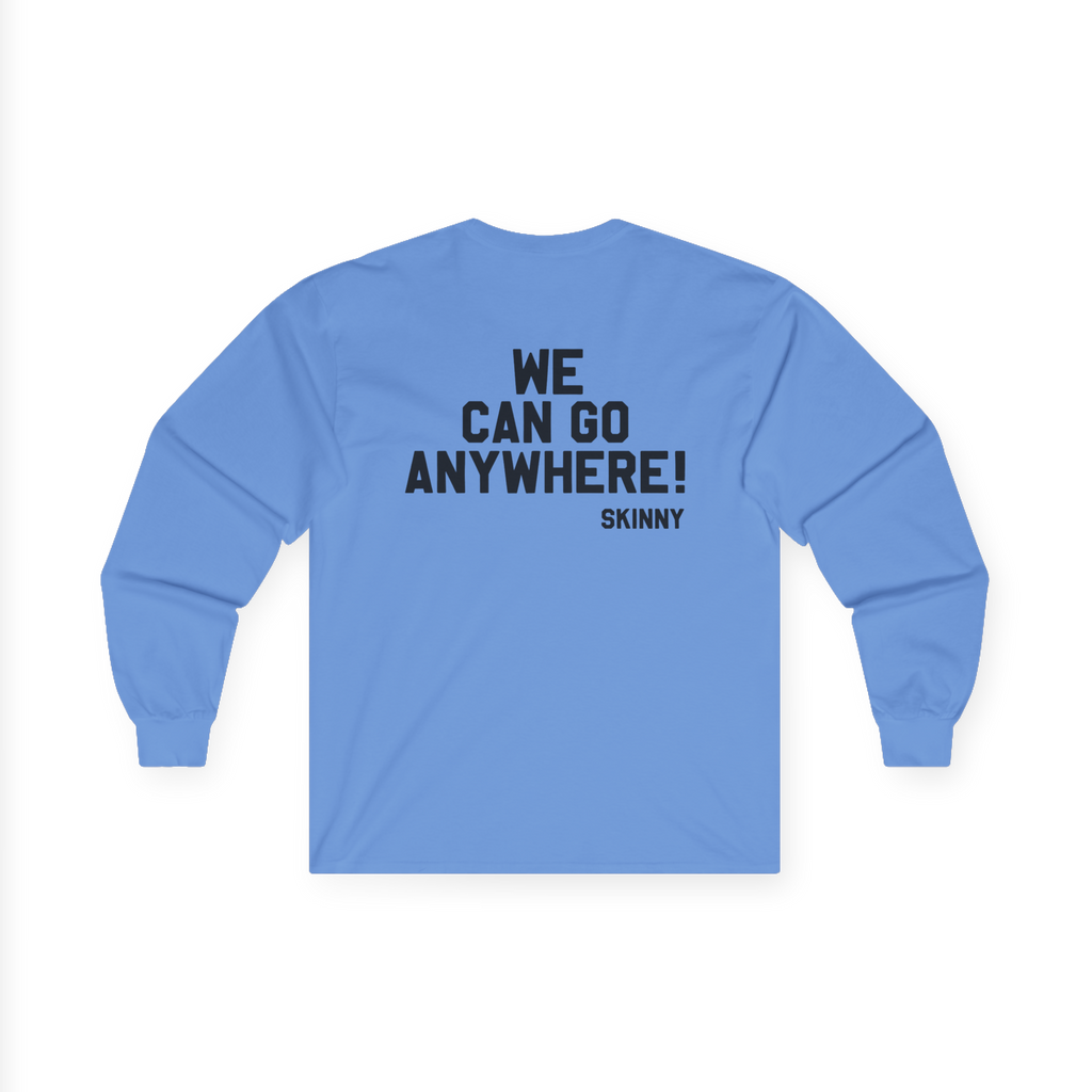 Blue long-sleeve shirt with text on the back against a white background