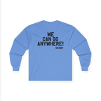 Blue long-sleeve shirt with text on the back against a white background
