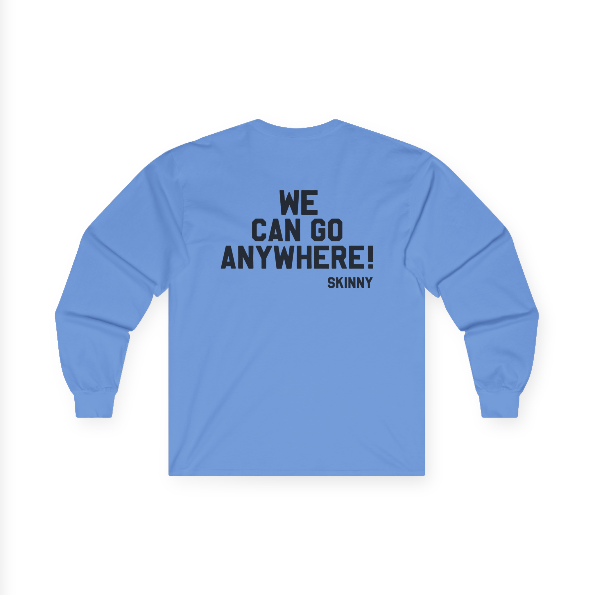 Blue long-sleeve shirt with text on the back against a white background