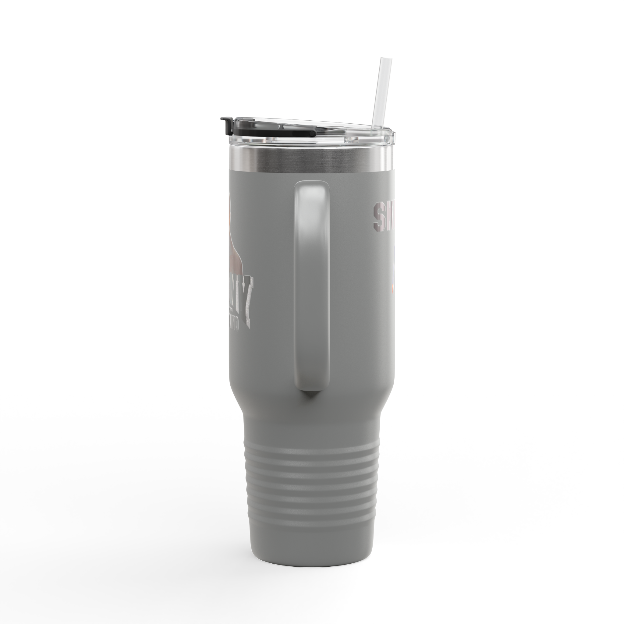 Gray insulated tumbler with straw on a white background