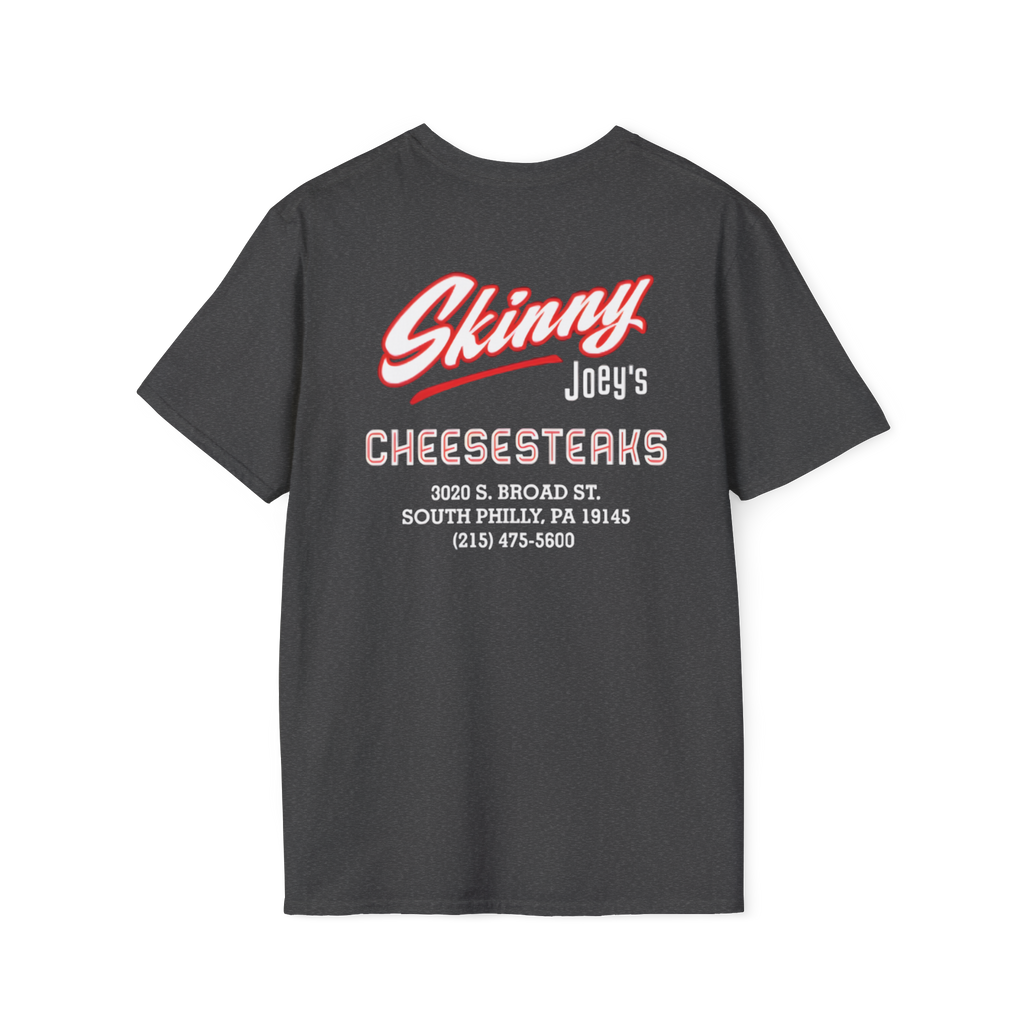 Black t-shirt with red and white text on a white background