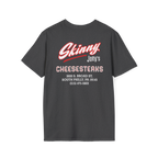 Black t-shirt with red and white text on a white background