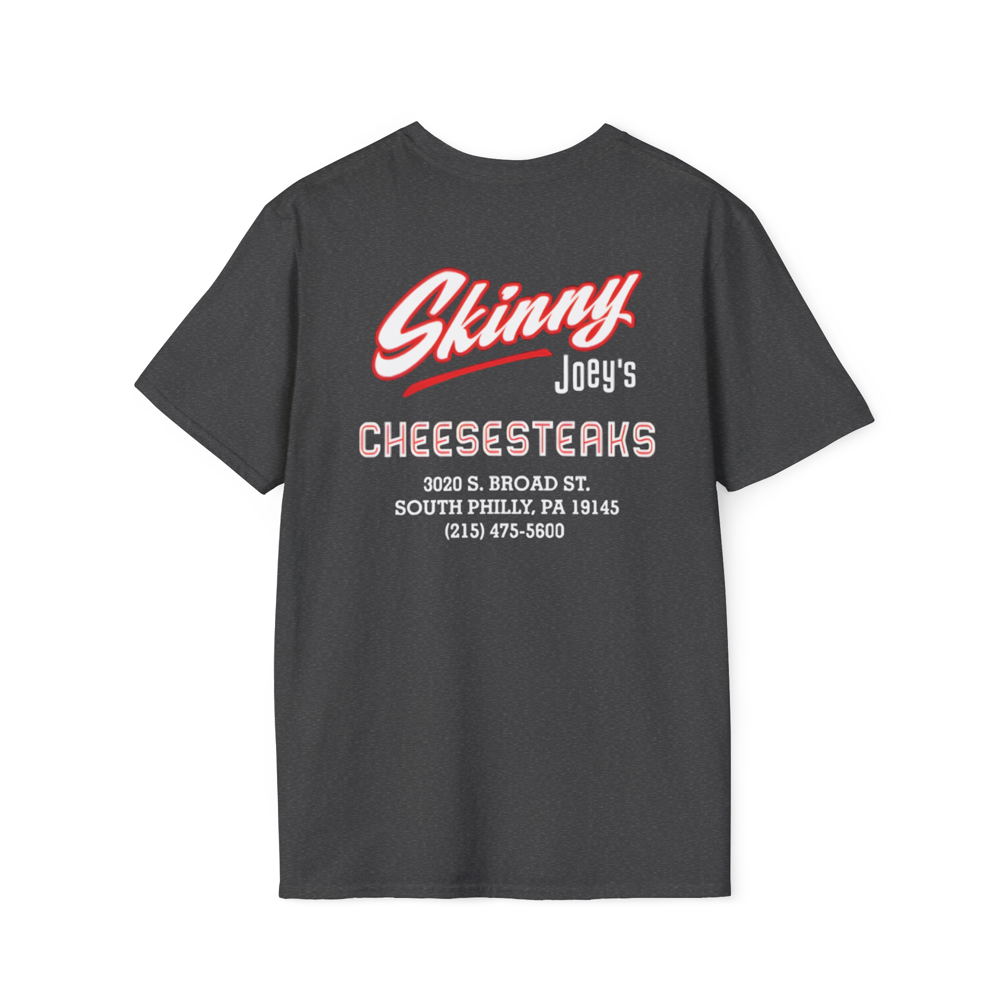 Black t-shirt with red and white text on a white background