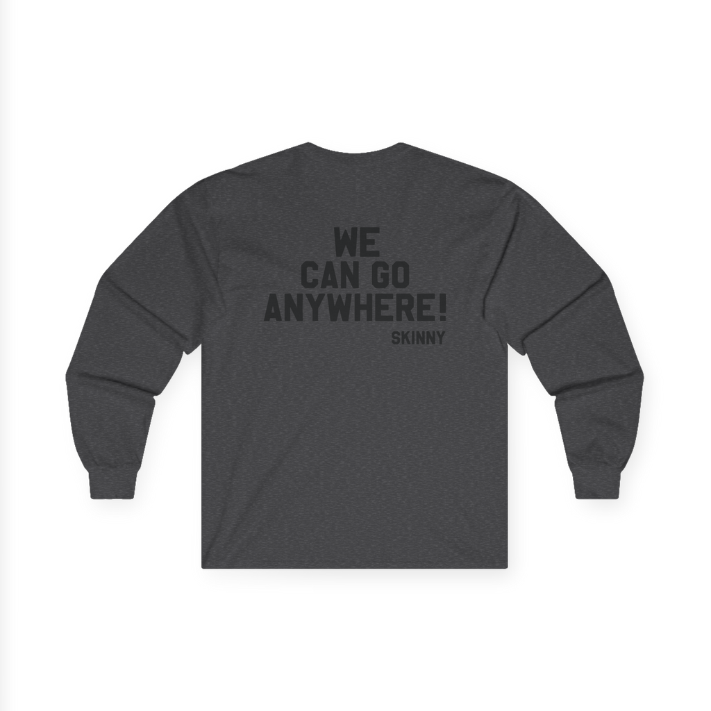 Gray long-sleeve shirt with text on the back on a white background
