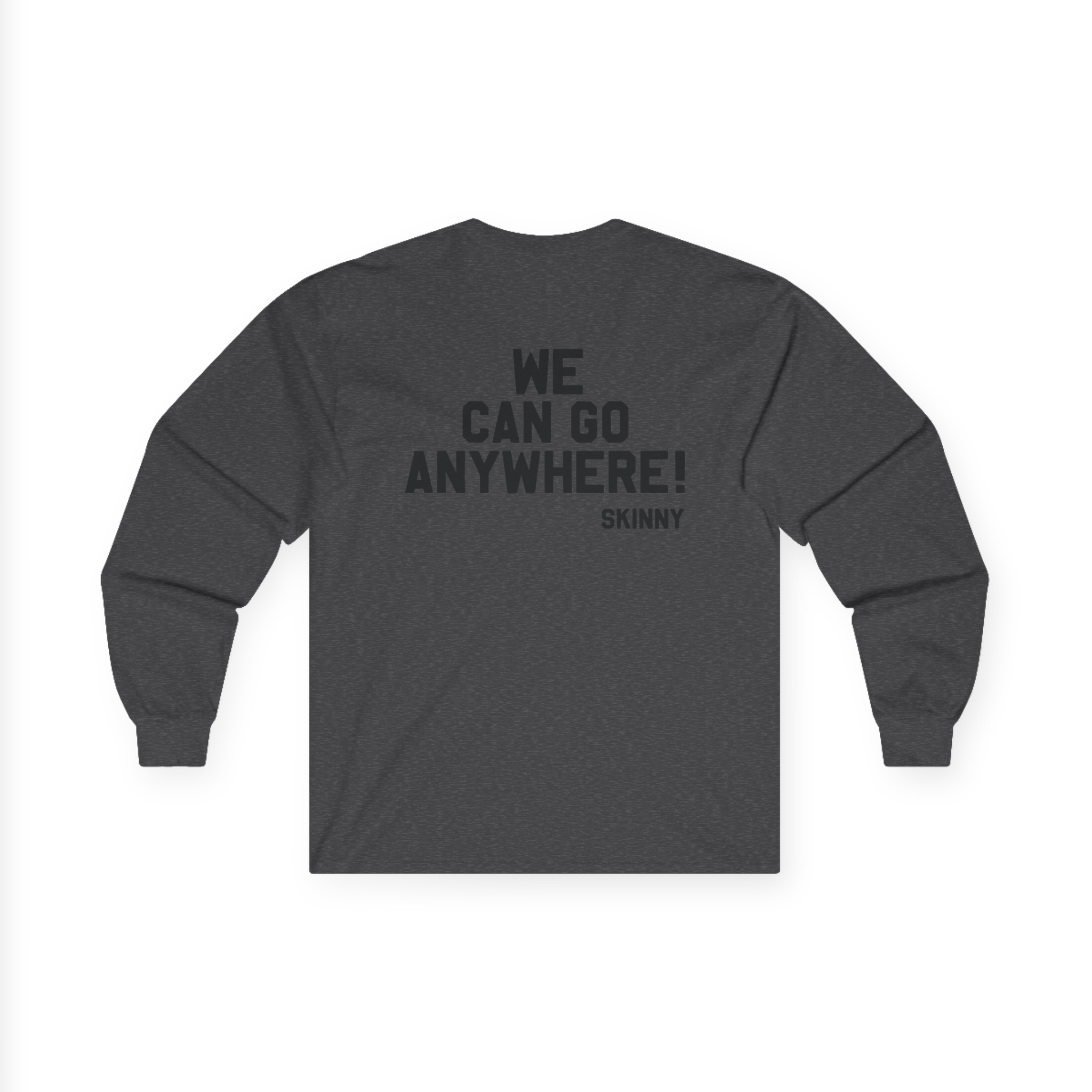 Gray long-sleeve shirt with text on the back on a white background