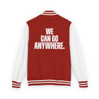 Red and white varsity jacket with 'WE CAN GO ANYWHERE.' text on the back