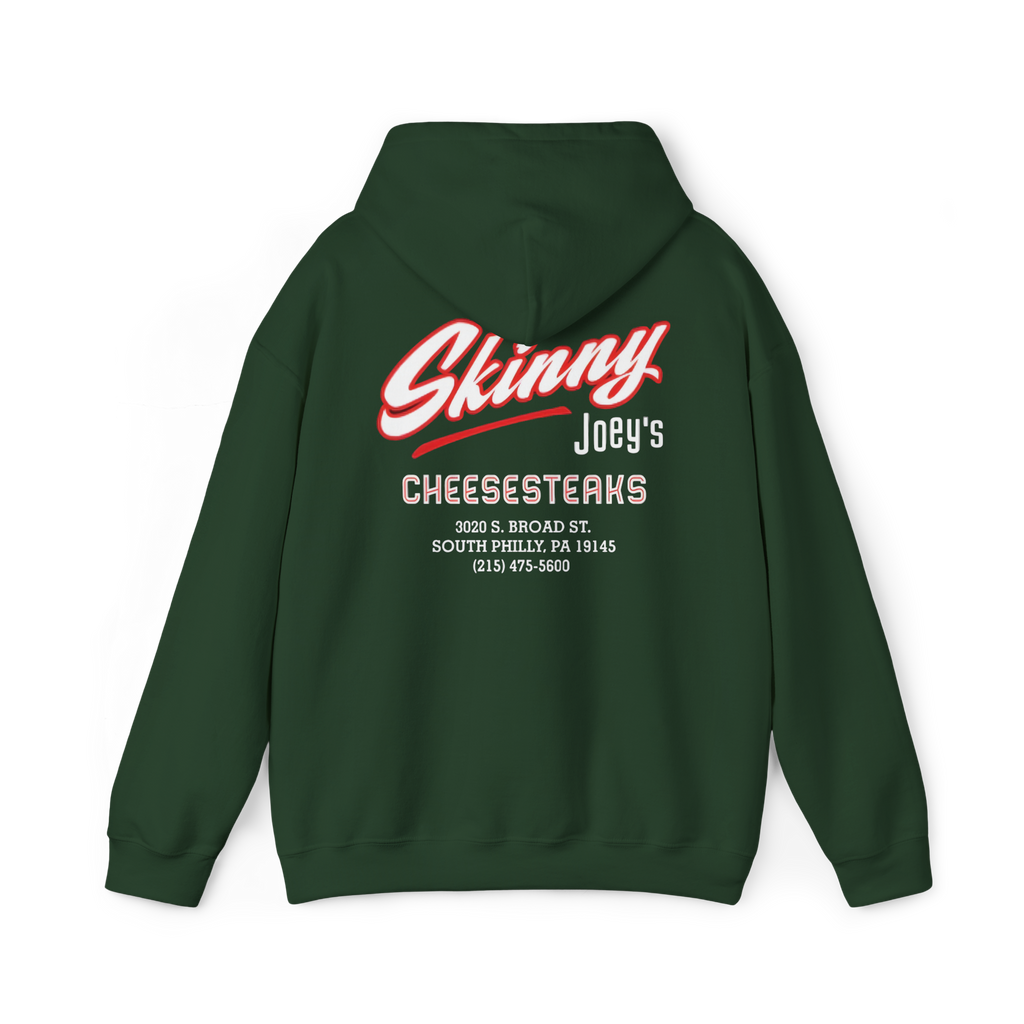 Forest_Green hoodie with 'SKINNY 1' text on the back against a white background