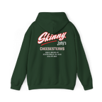 Forest_Green hoodie with 'SKINNY 1' text on the back against a white background