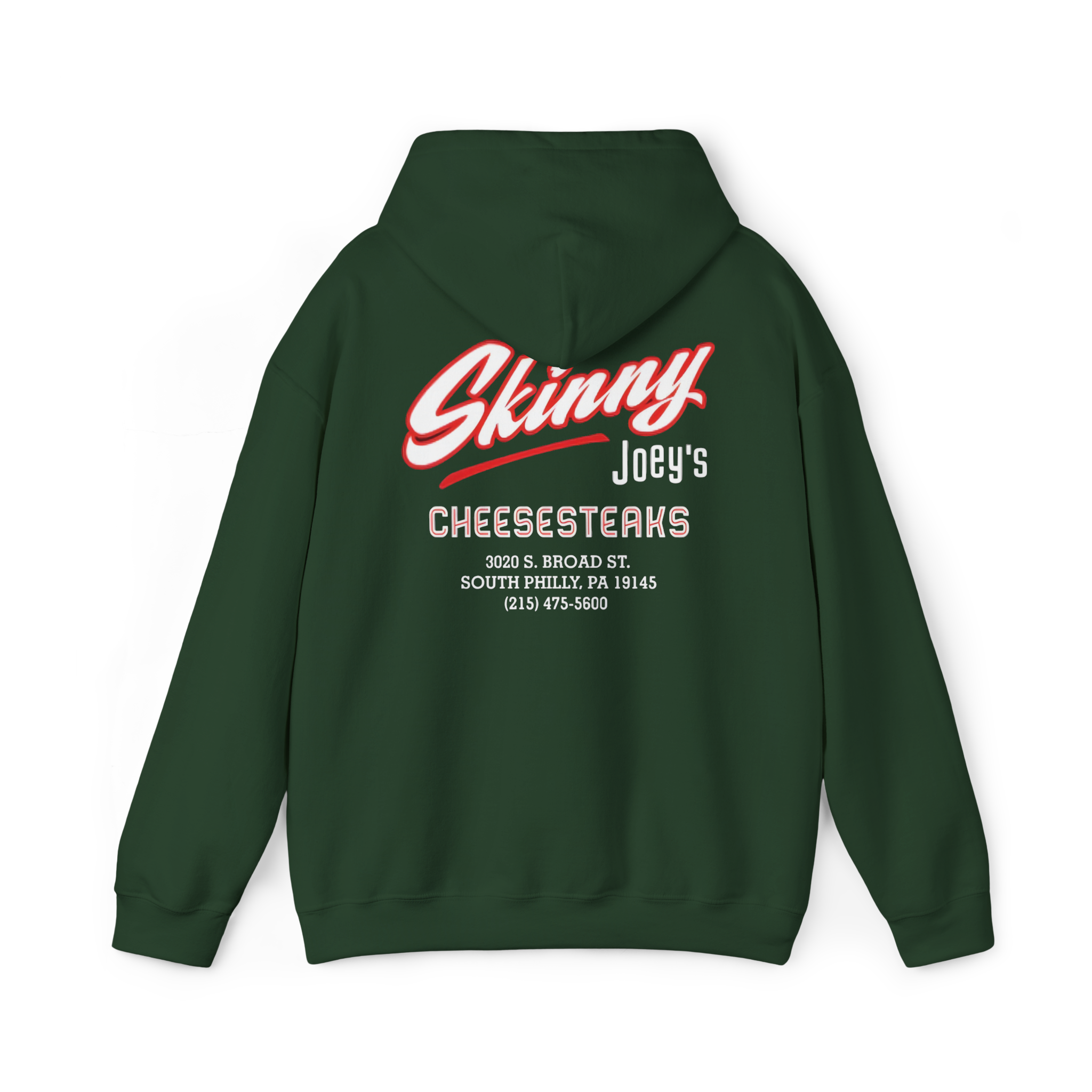Forest_Green hoodie with 'SKINNY 1' text on the back against a white background
