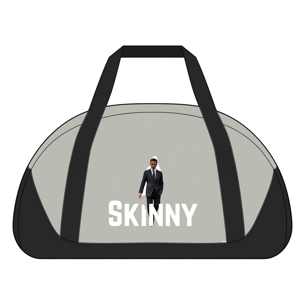 Duffel bag with a person in a suit and 'SKINNY' text on a white background