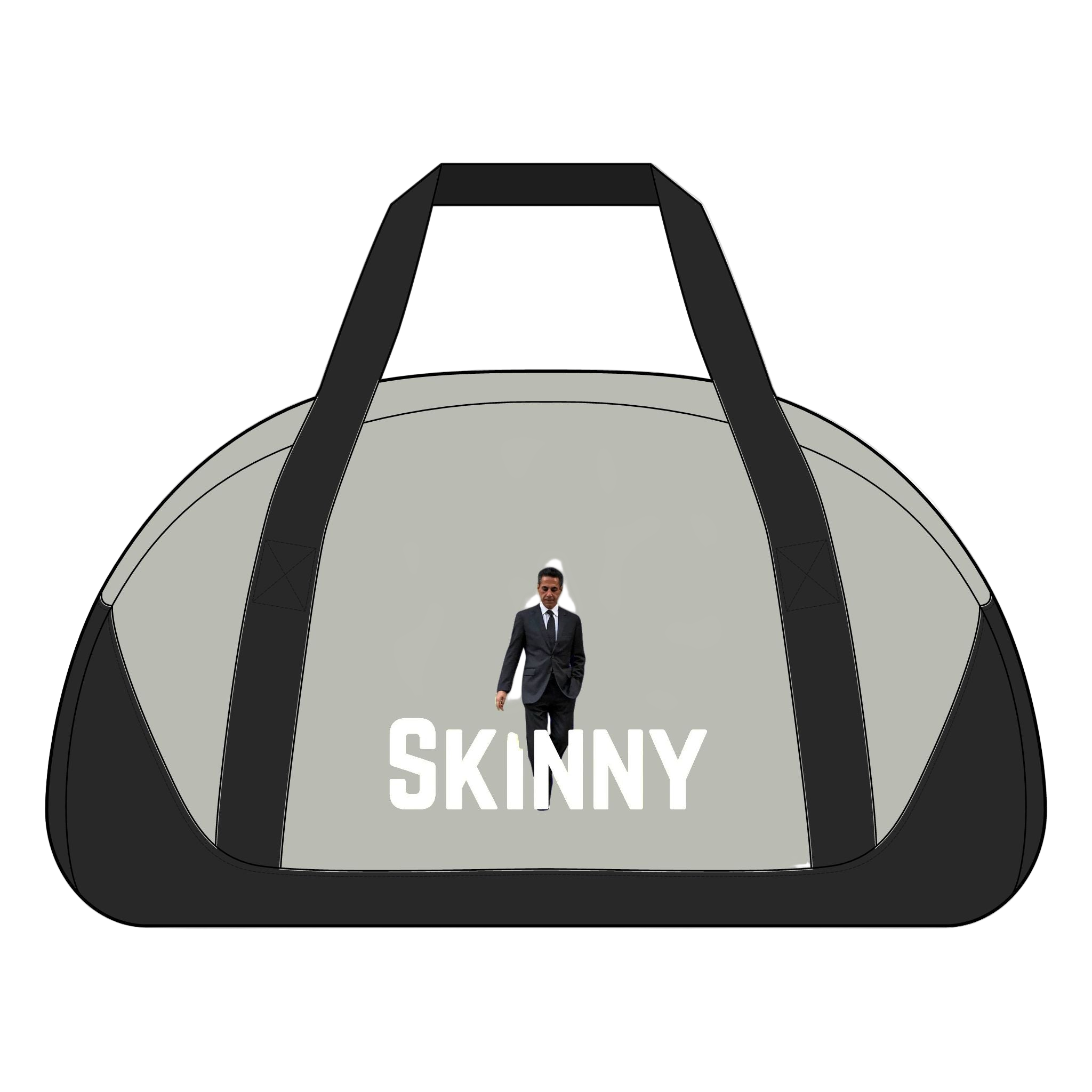 Duffel bag with a person in a suit and 'SKINNY' text on a white background