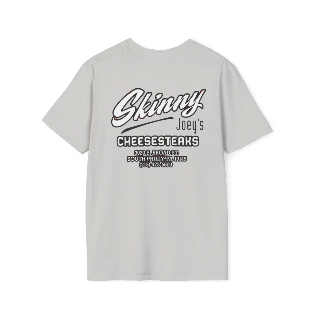 Gray t-shirt with 'Skinny Joey's Cheesesteaks' text on a white background