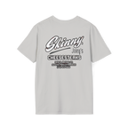 Gray t-shirt with 'Skinny Joey's Cheesesteaks' text on a white background