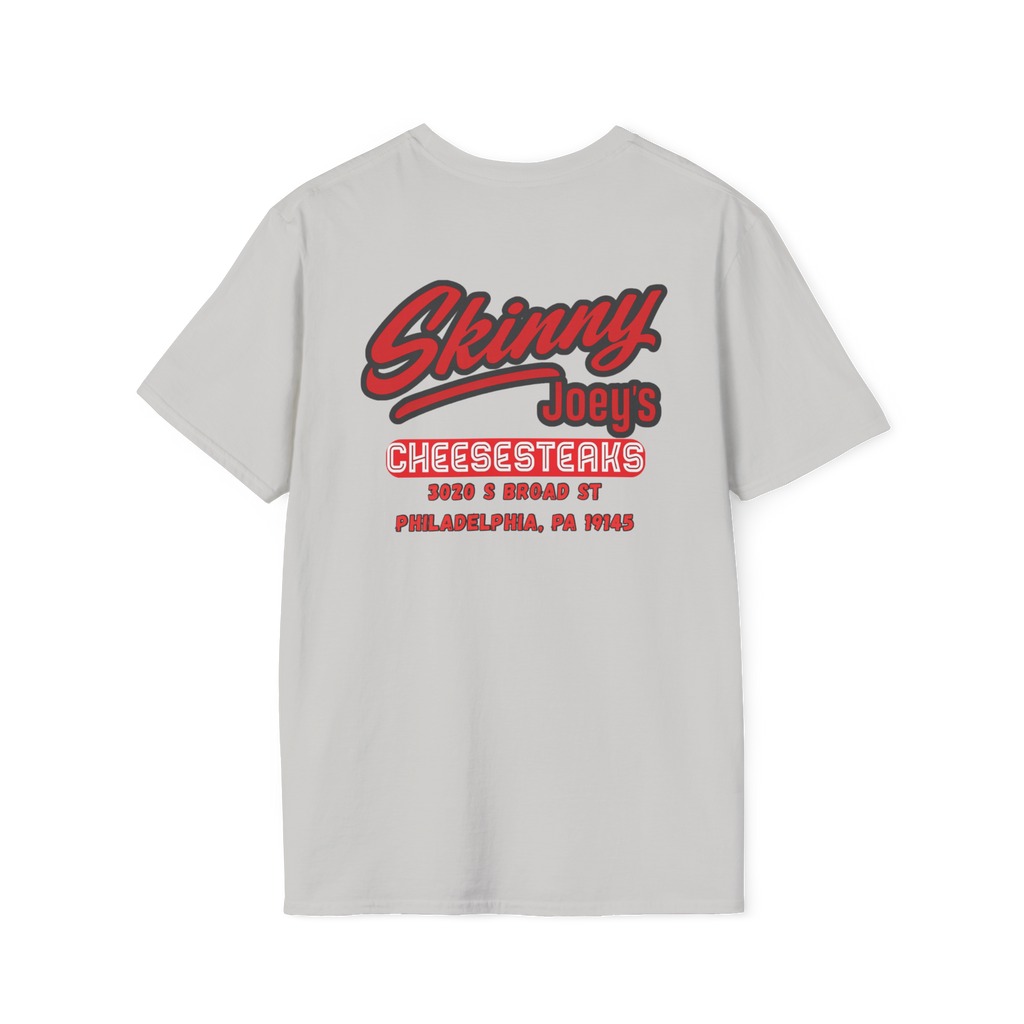 Gray t-shirt with red and black text on a white background