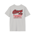 Gray t-shirt with red and black text on a white background
