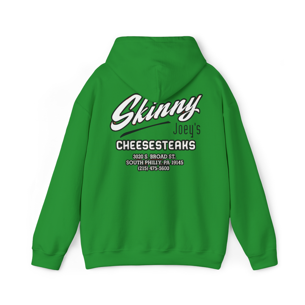 Green hoodie with 'Skinny Joey's Cheesesteaks' text on the back against a white background