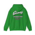 Green hoodie with 'Skinny Joey's Cheesesteaks' text on the back against a white background
