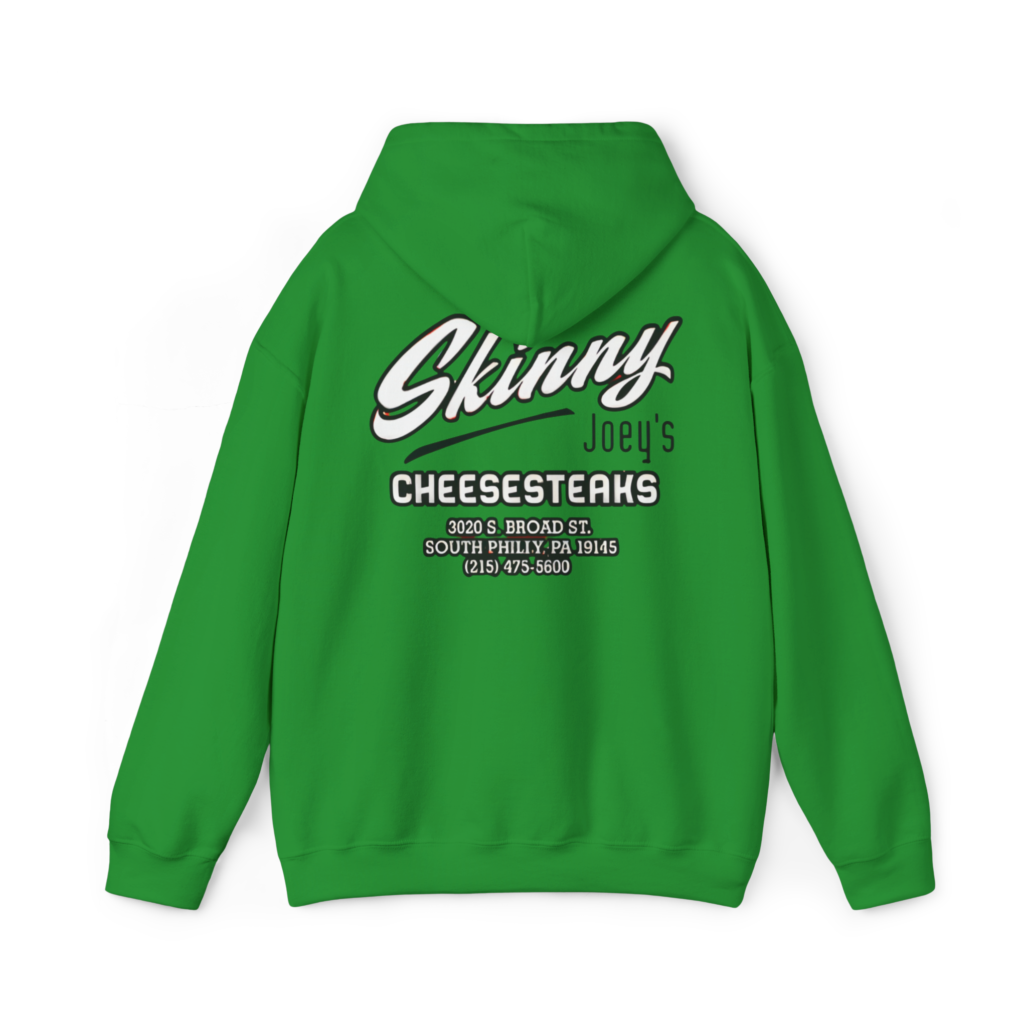 Green hoodie with 'Skinny Joey's Cheesesteaks' text on the back against a white background