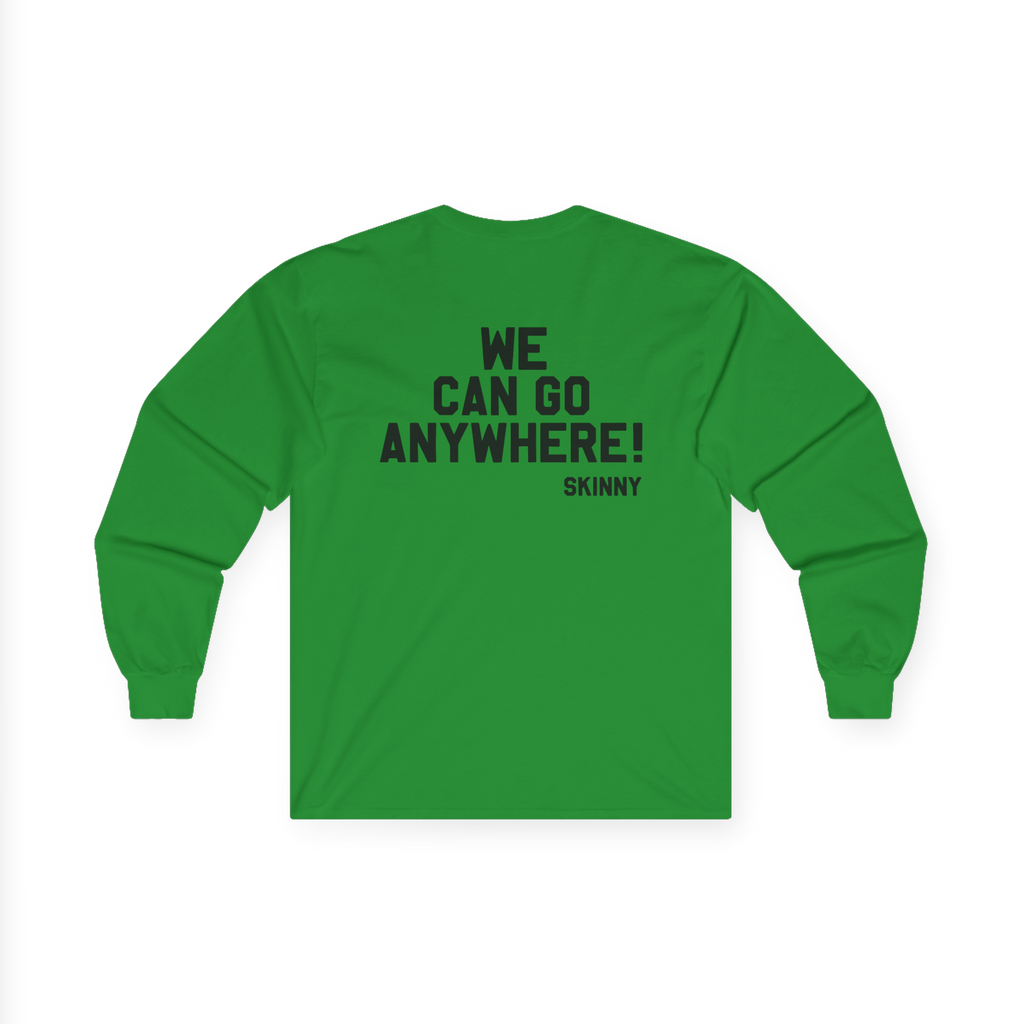 Green long-sleeve shirt with text on the back on a white background
