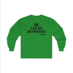 Green long-sleeve shirt with text on the back on a white background