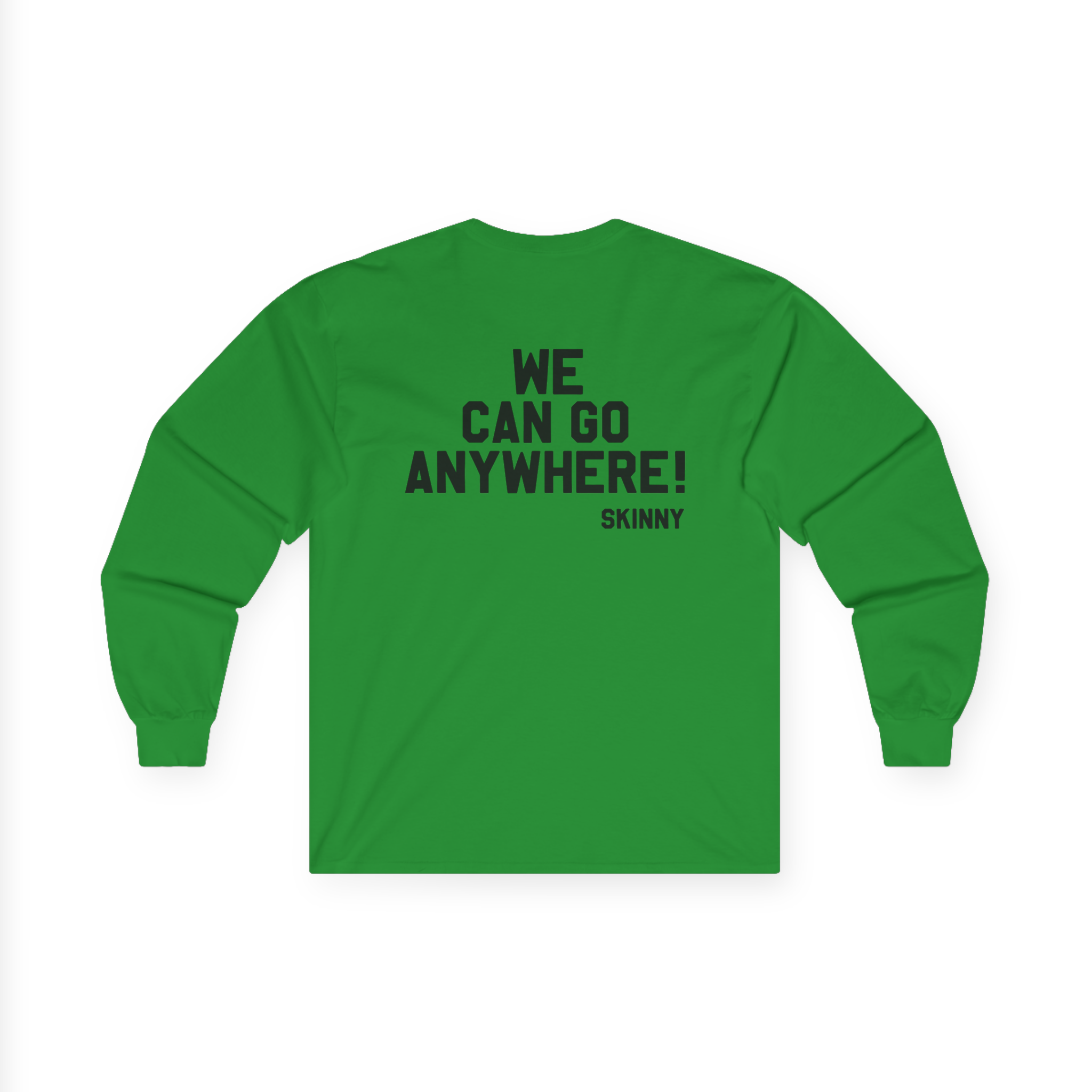 Green long-sleeve shirt with text on the back on a white background