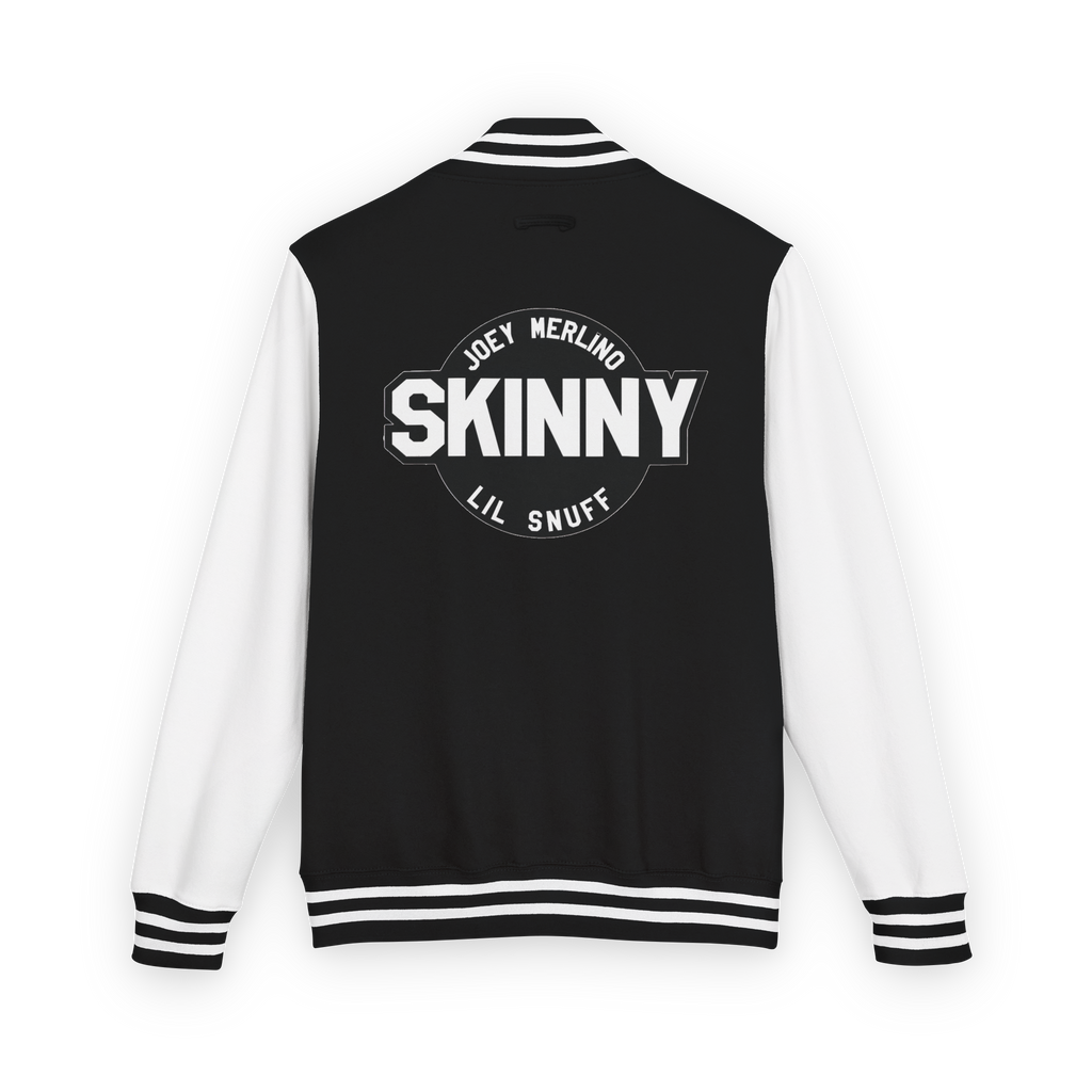 Black and white varsity jacket with 'Skinny' text on the back against a white background