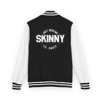 Black and white varsity jacket with 'Skinny' text on the back against a white background