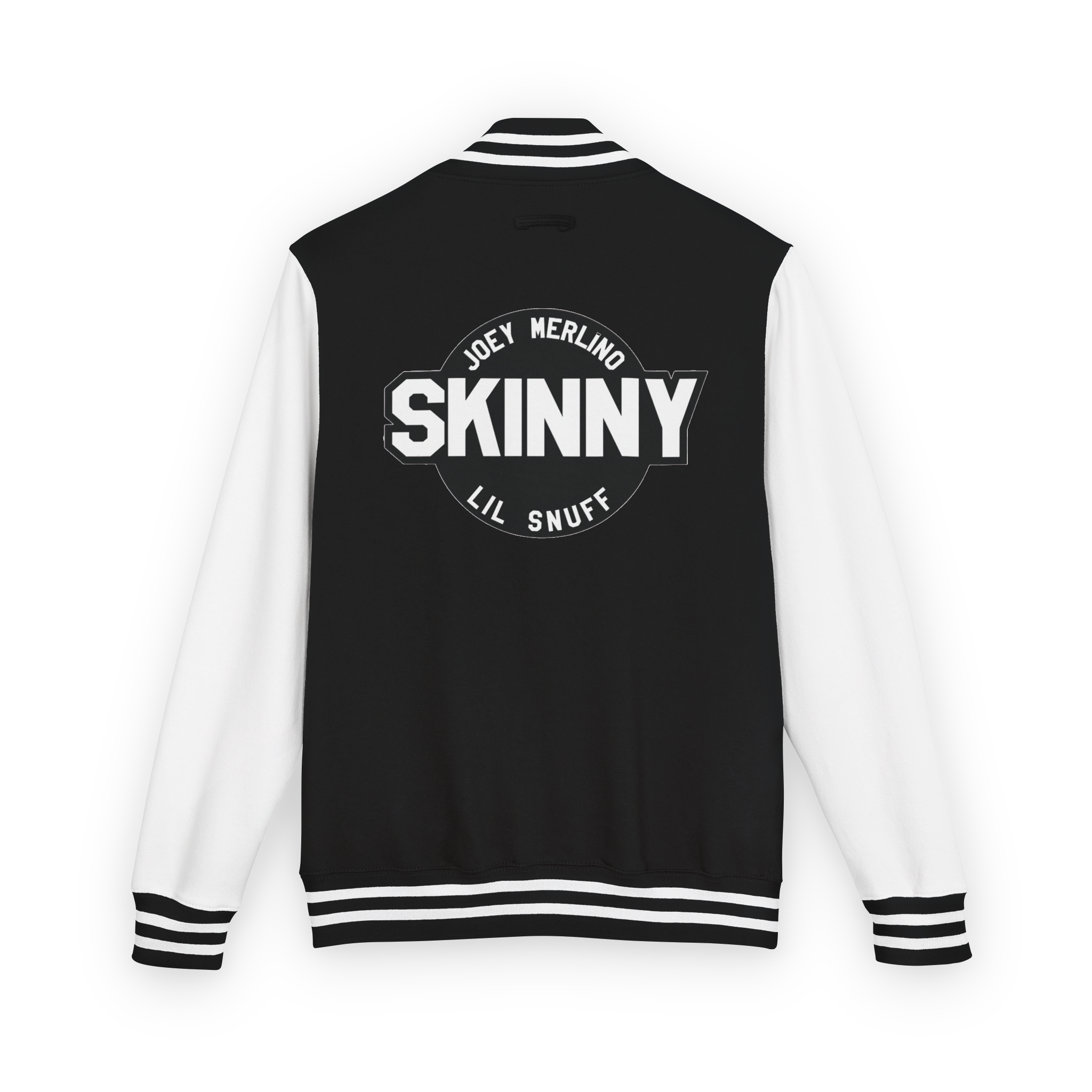 Black and white varsity jacket with 'Skinny' text on the back against a white background
