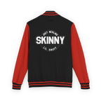 Black and red varsity jacket with 'Skinny' text on the back against a white background