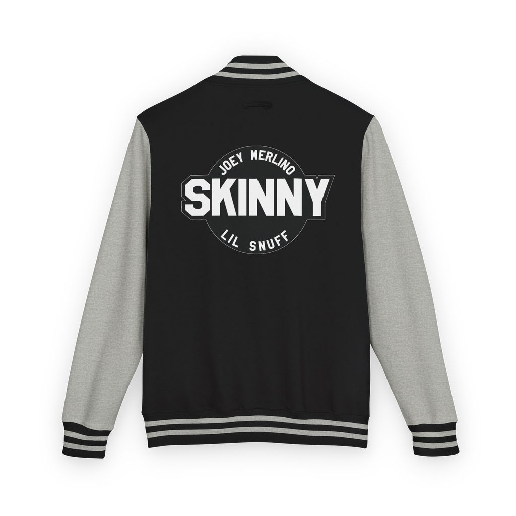 Black and gray varsity jacket with 'Skinny' text on the back against a white background