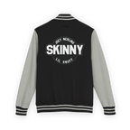 Black and gray varsity jacket with 'Skinny' text on the back against a white background